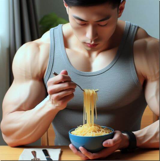 글리코겐 로딩 및 많은 음식, 파스타 먹는 근육질 남성