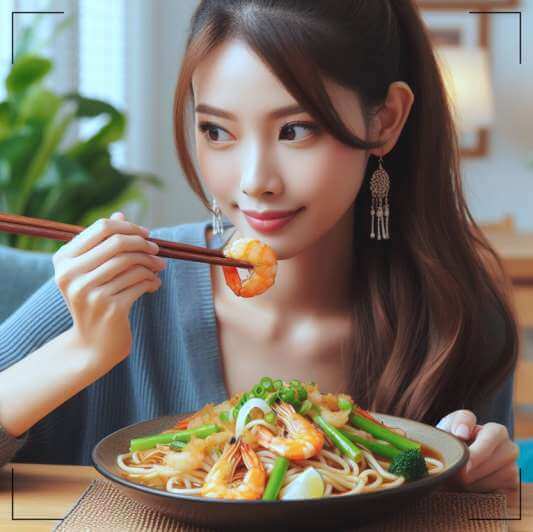 맛과 영양이 뛰어난 마늘쫑 새우볶음 먹는 여성