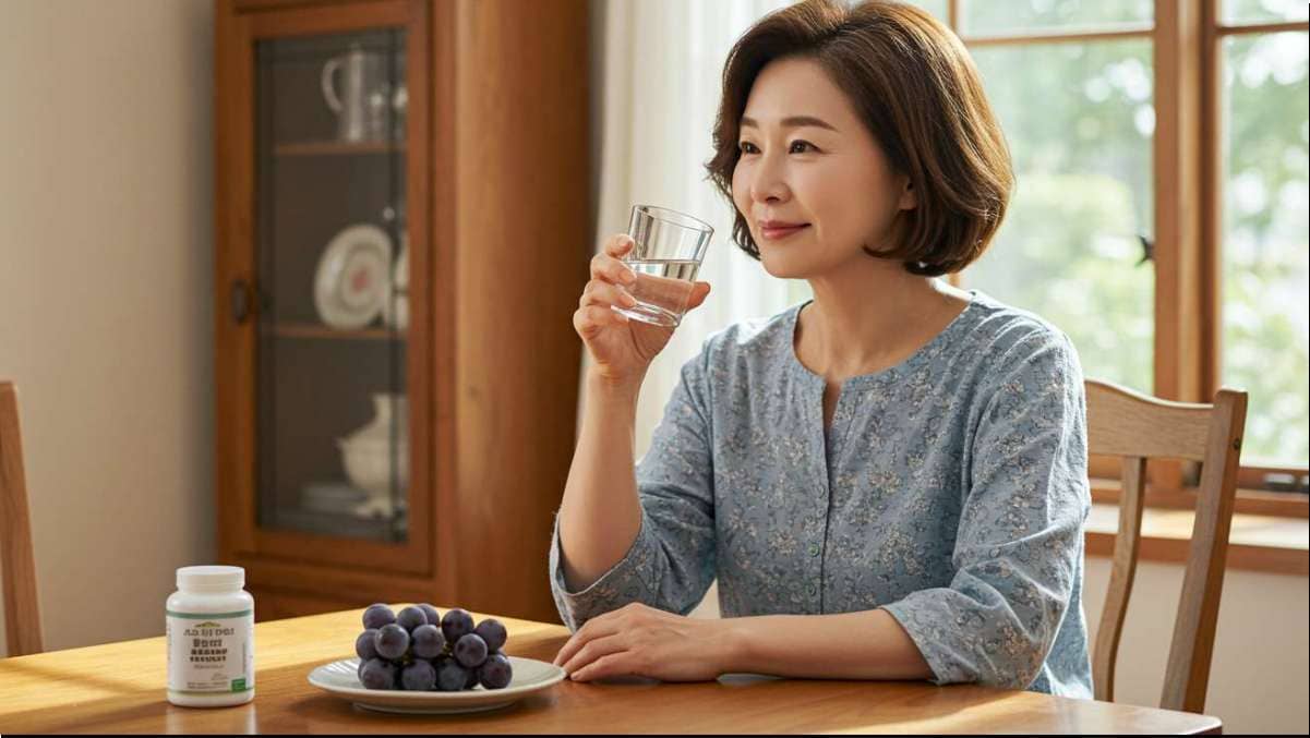 포도씨 추출물 효능. 포도와 포도씨 추출물 놓인 식탁에서 물마시는 중년 여성 사진